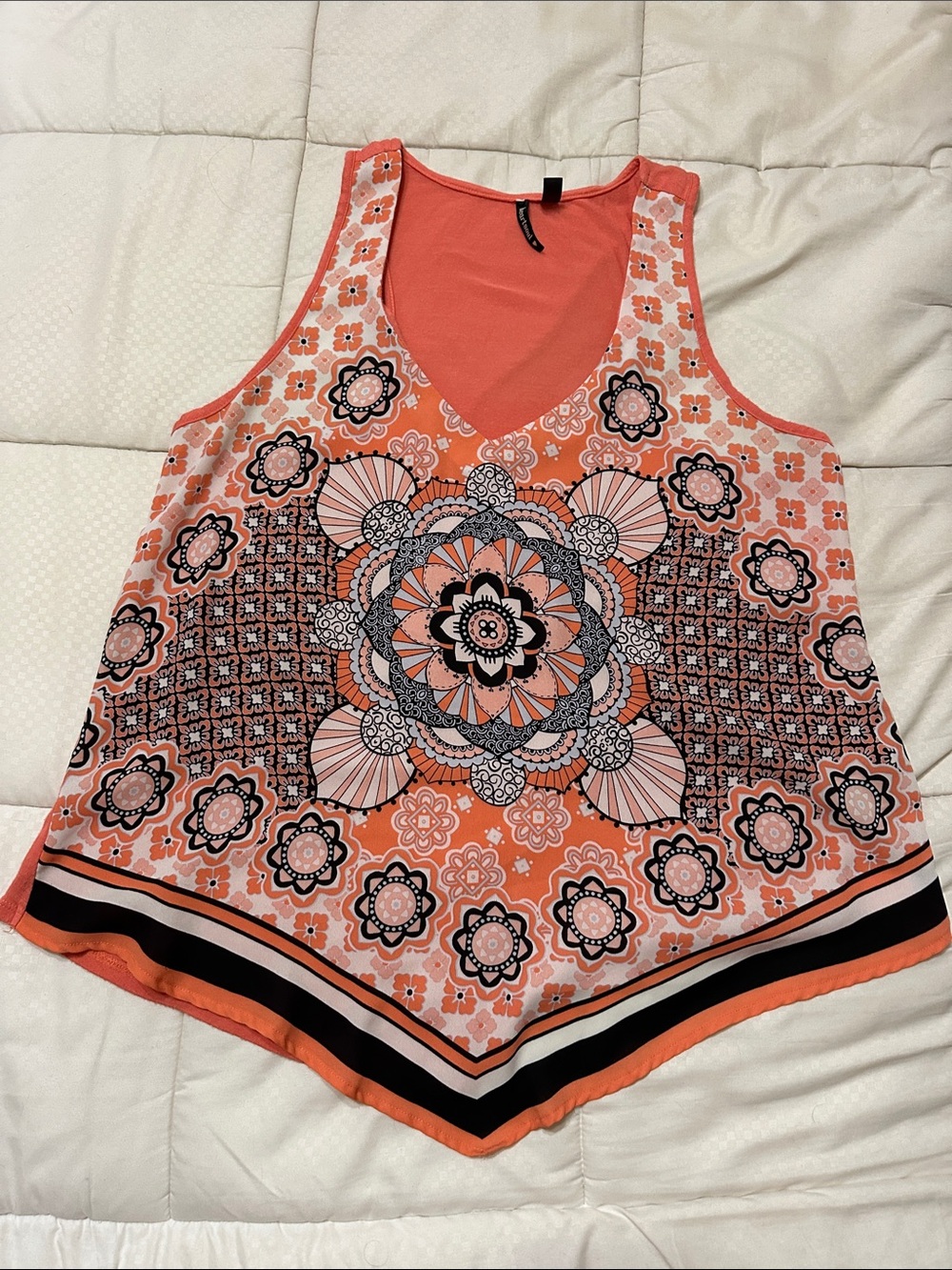 HeartSoul Coral and Black Floral Mandala V-Neck Tank